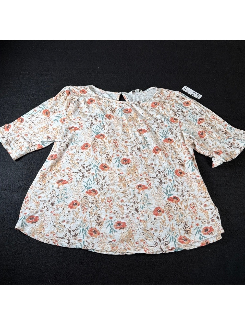 Lucky Brand Women M Floral Top Ivory Boho Bell Sleeve Keyhole Blouse Peasant